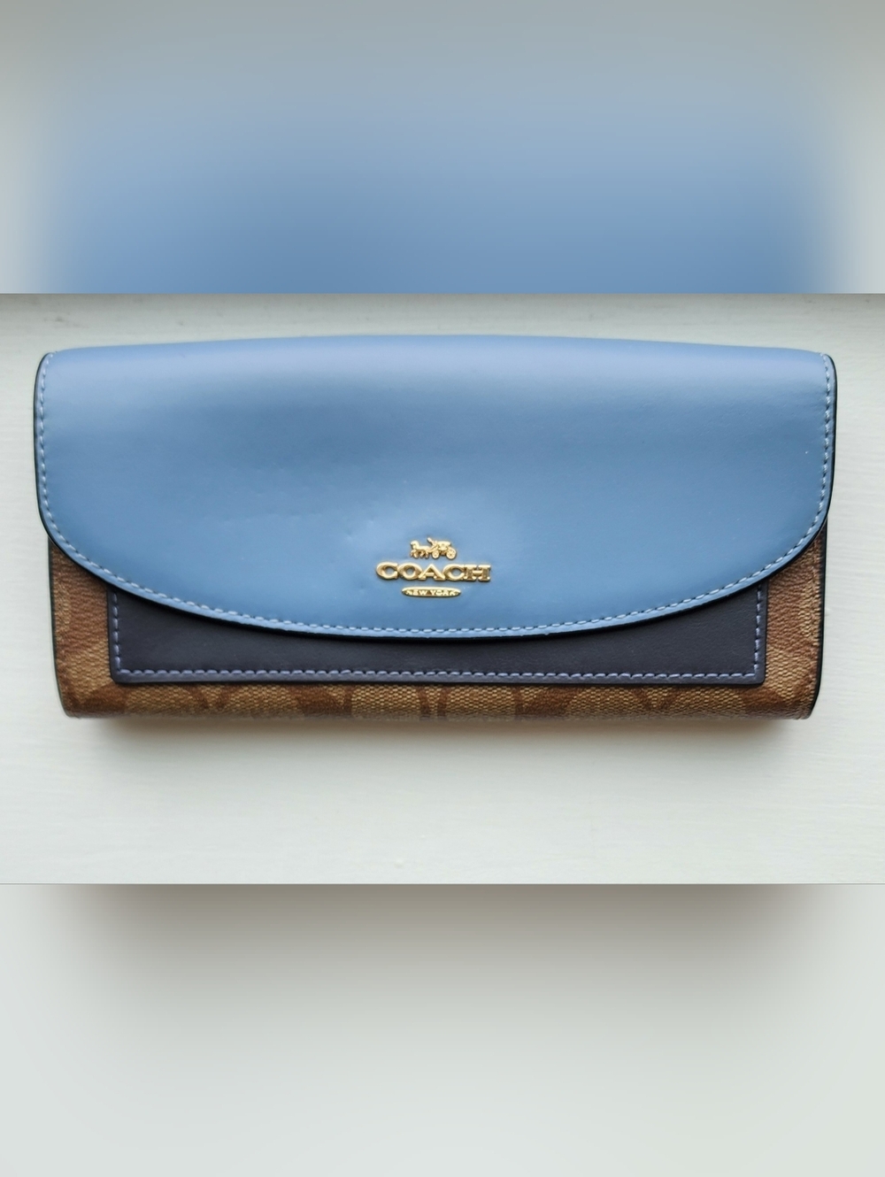 Coach Slim Envelope Wallet Khaki Signature Canvas Blue Leather Flap EUC